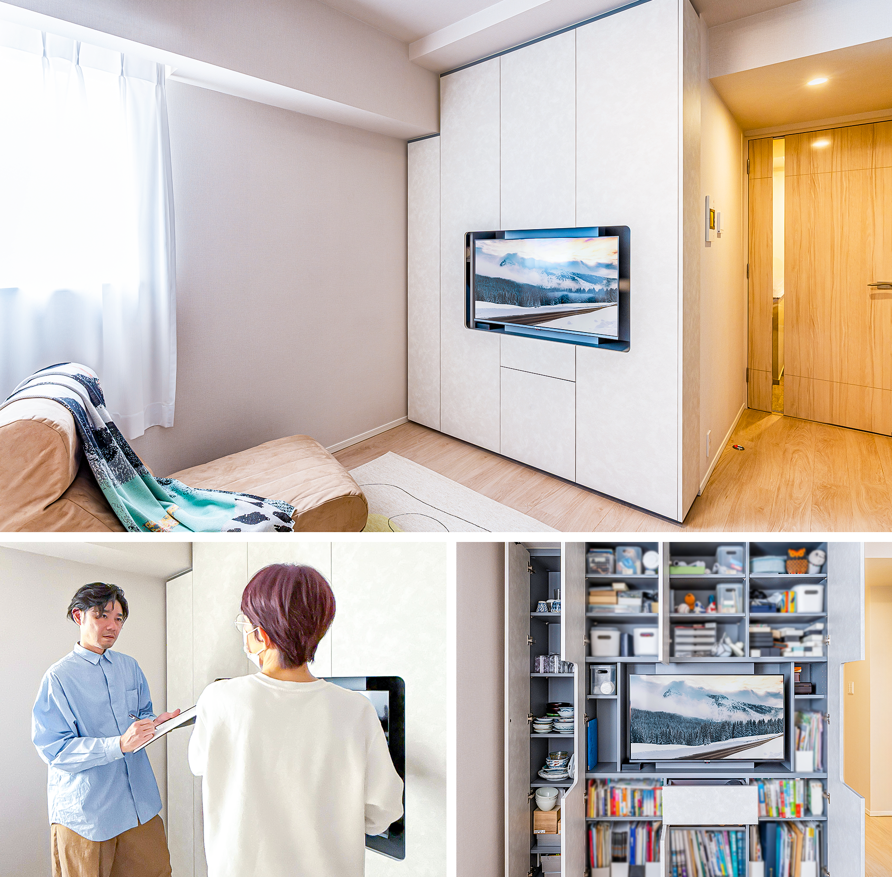 部屋の印象をすっきり整える、 壁一面を収納に使い切る テレビボード。<br>お客様インタビューを更新しました。